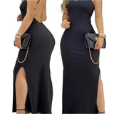 Solid Elegant Spaghetti Strap Sleeveless Backless Maxi Dress