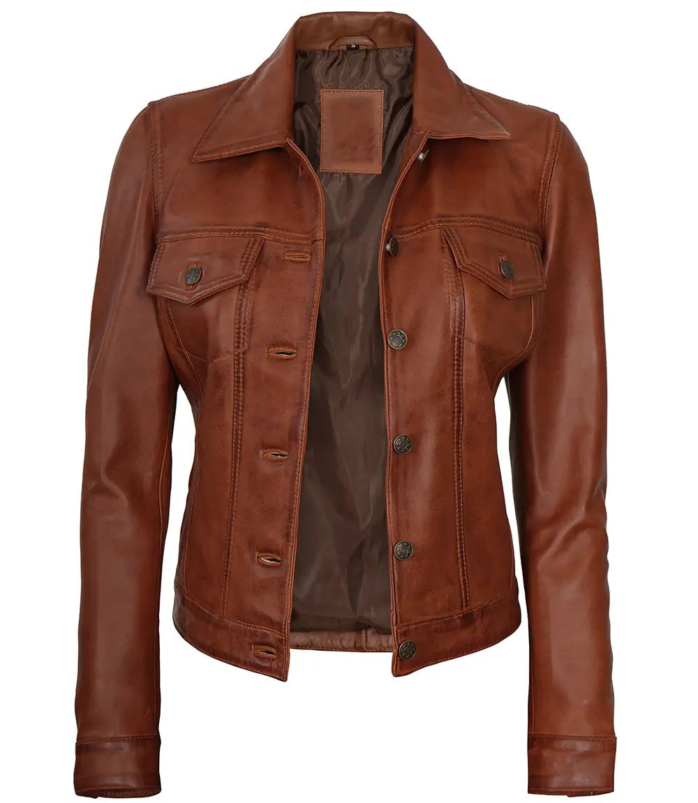 Women's Leather Harrington Moto Trucker Jacket | Brown
