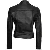 Women's Cafe Racer Motorcycle Leather Jacket, Stand Collar, Front Zipper | Black