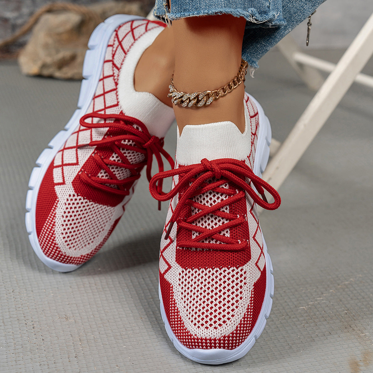 Women's Color block Plaid Fly knit Sneakers – Breathable Lace-Up Mesh Running & Walking Shoes