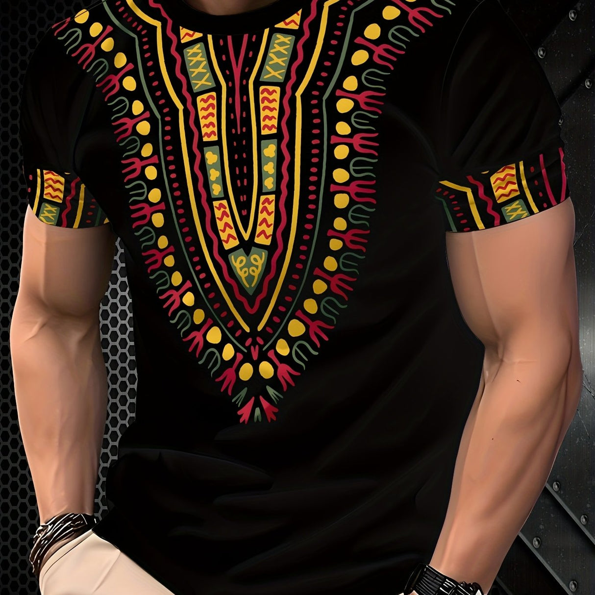 Men's Breathable Casual T-Shirt with Vibrant Geometric Print - Short Sleeve, Polyester Blend, Round Neck T=Shirt