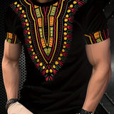 Men's Breathable Casual T-Shirt with Vibrant Geometric Print - Short Sleeve, Polyester Blend, Round Neck T=Shirt