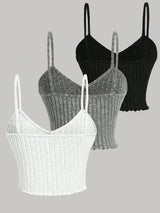 3pcs Elegant Solid Color Women's Cami Tops - Ribbed V-Neck, Sleeveless Spaghetti Strap Stretchy Top