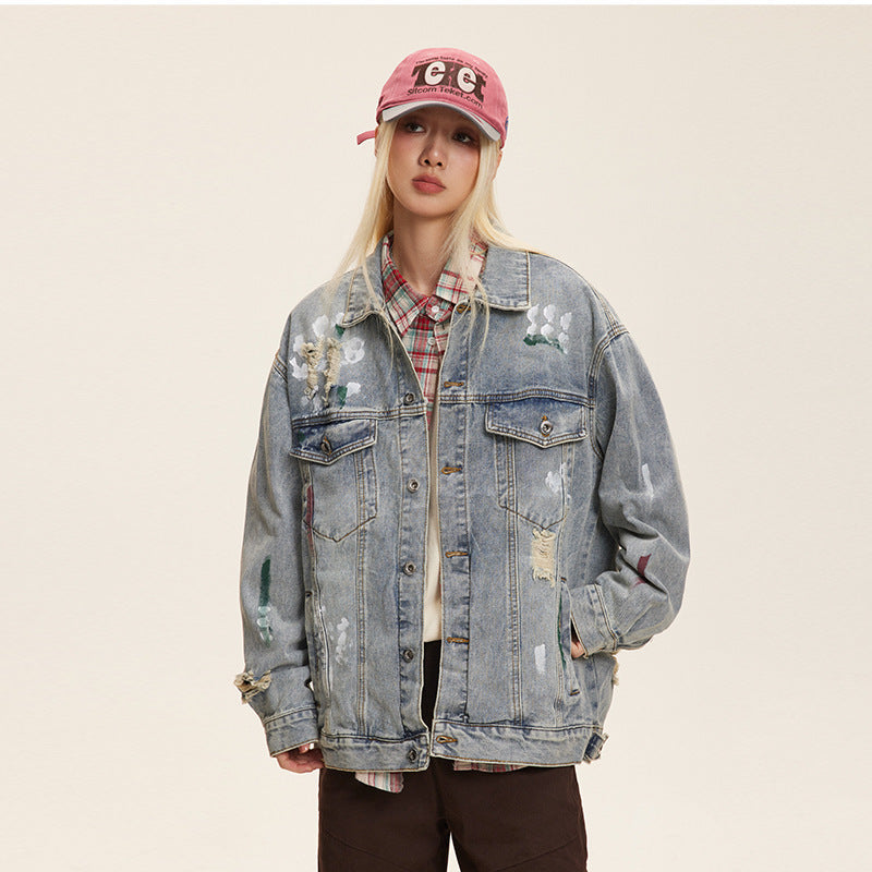 Unisex Washed Graffiti Ripped Denim Jacket - Retro