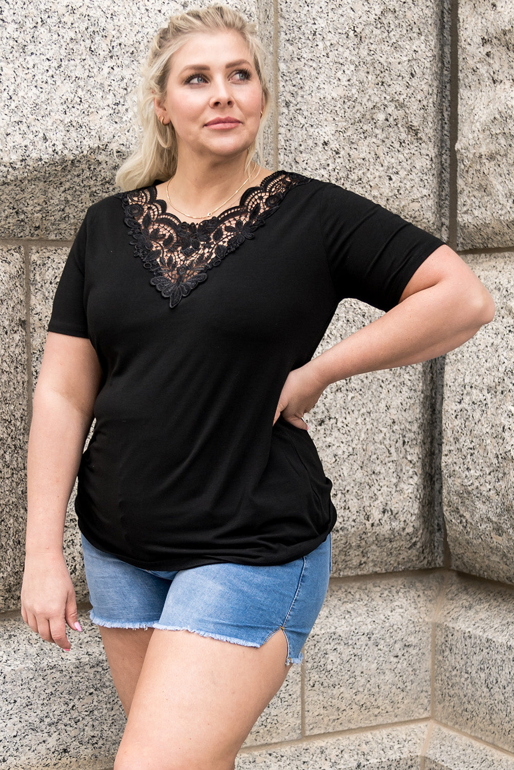 Black Plus Size Crochet Stitching Short Sleeve Top