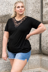 Black Plus Size Crochet Stitching Short Sleeve Top