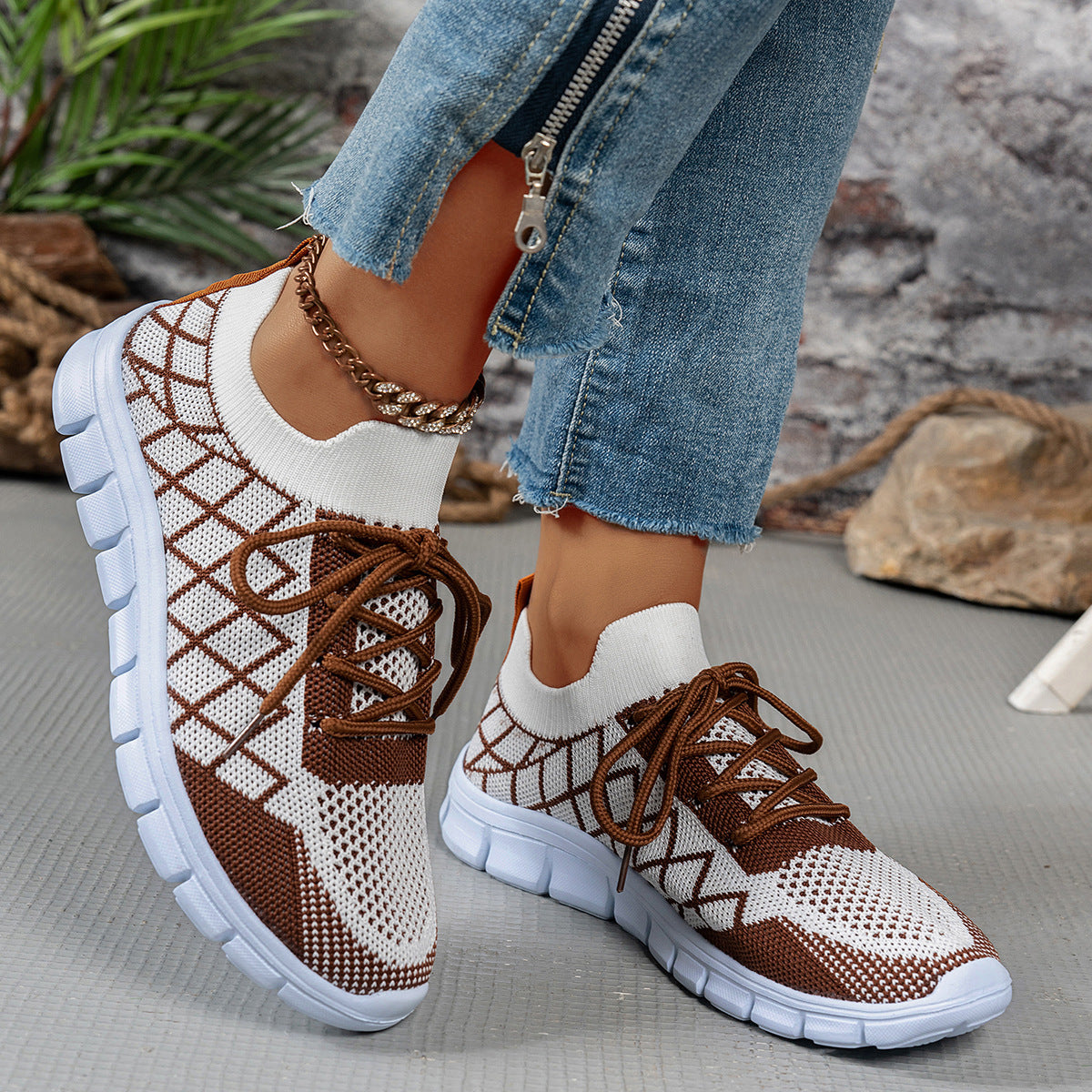 Women's Color block Plaid Fly knit Sneakers – Breathable Lace-Up Mesh Running & Walking Shoes