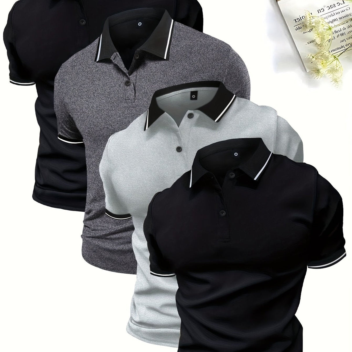 4-Pack Men's Summer Polo Shirts, Solid Color Short Sleeve, Regular Fit, Knit Stretch, Casual Sportswear Tops