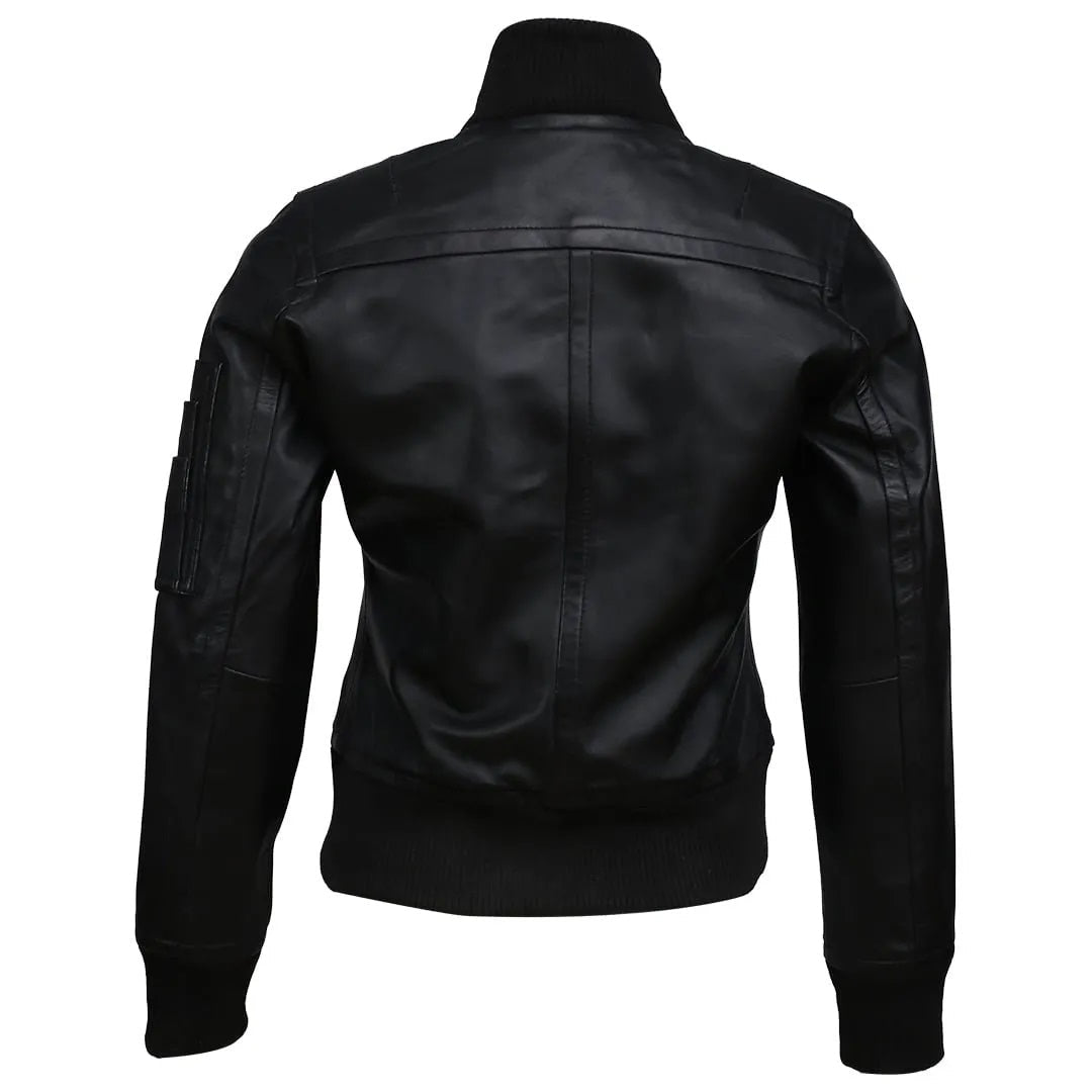 Women's Real Sheep Leather Motorcycle Bomber Jacket | Black