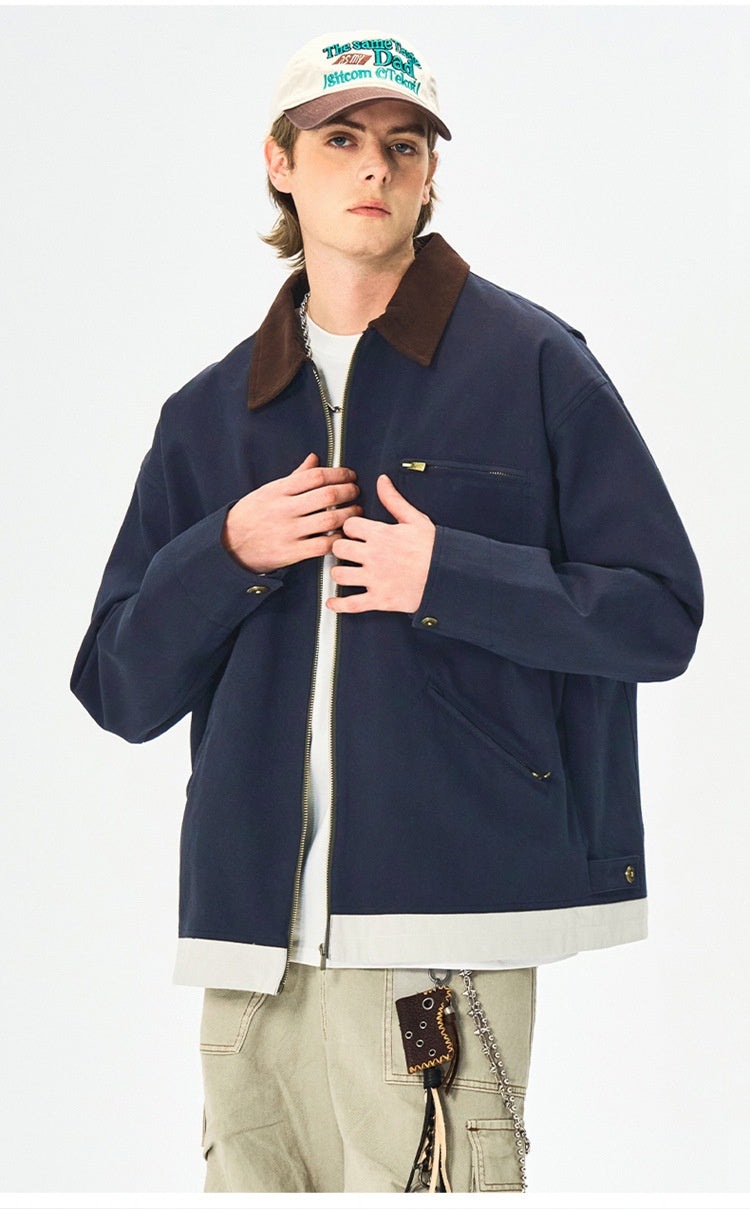 Men’s Contrast Color Washed Polo Collar Jacket