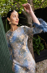 Dolly Fringe Sleeve Dress in Blue Print