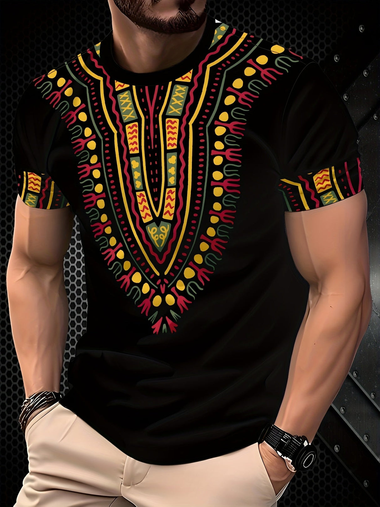 Men's Breathable Casual T-Shirt with Vibrant Geometric Print - Short Sleeve, Polyester Blend, Round Neck T=Shirt