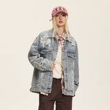 Unisex Washed Graffiti Ripped Denim Jacket - Retro