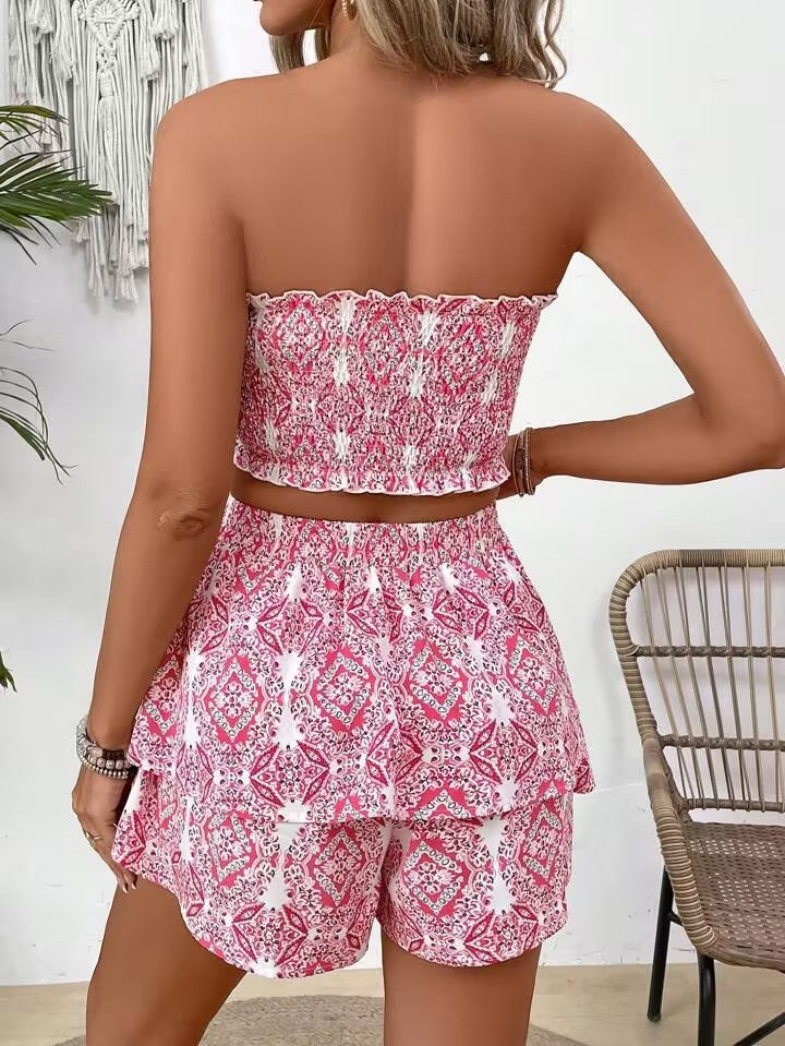 2pcs Women Holiday Floral Print Multi-Layer Ruffle Hem Set