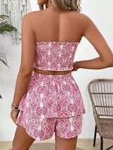 2pcs Women Holiday Floral Print Multi-Layer Ruffle Hem Set