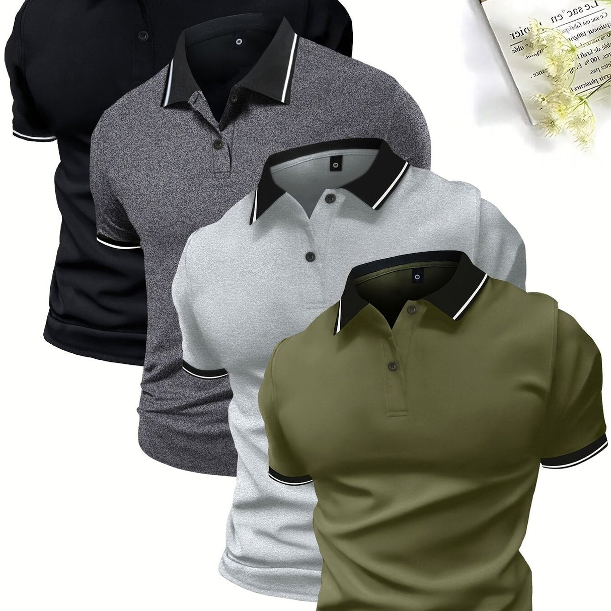 4-Pack Men's Summer Polo Shirts, Solid Color Short Sleeve, Regular Fit, Knit Stretch, Casual Sportswear Tops