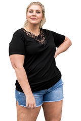 Black Plus Size Crochet Stitching Short Sleeve Top