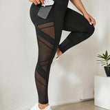 Plus Size Women's High-Waist Yoga Leggings with Mesh Panels - Stretchy & Breathable Polyester/Spandex Blend, Non-See-Through Leggings