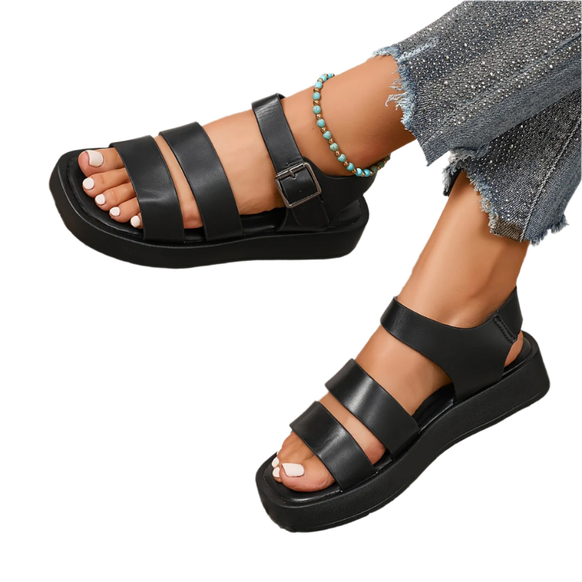 Women'S Summer Classic Solid Color Open Toe Platform Sandals with Buckle