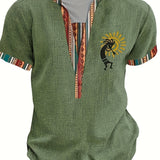 Men's Stylish Green Henley Shirt with Vibrant Tribal Pattern - Casual Short Sleeve V-Neck Tee for Summer, Polyester Knit Fabric, Casual V-neck Shirt