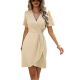 V-neck Short-sleeved Dress Summer Fashion Slim A-line Dresses Beach Clothing For Women