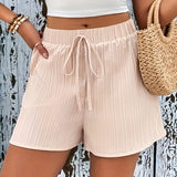 Solid Textured Knotted Detail Shorts, Elegant Mid Waist Shorts For Women
