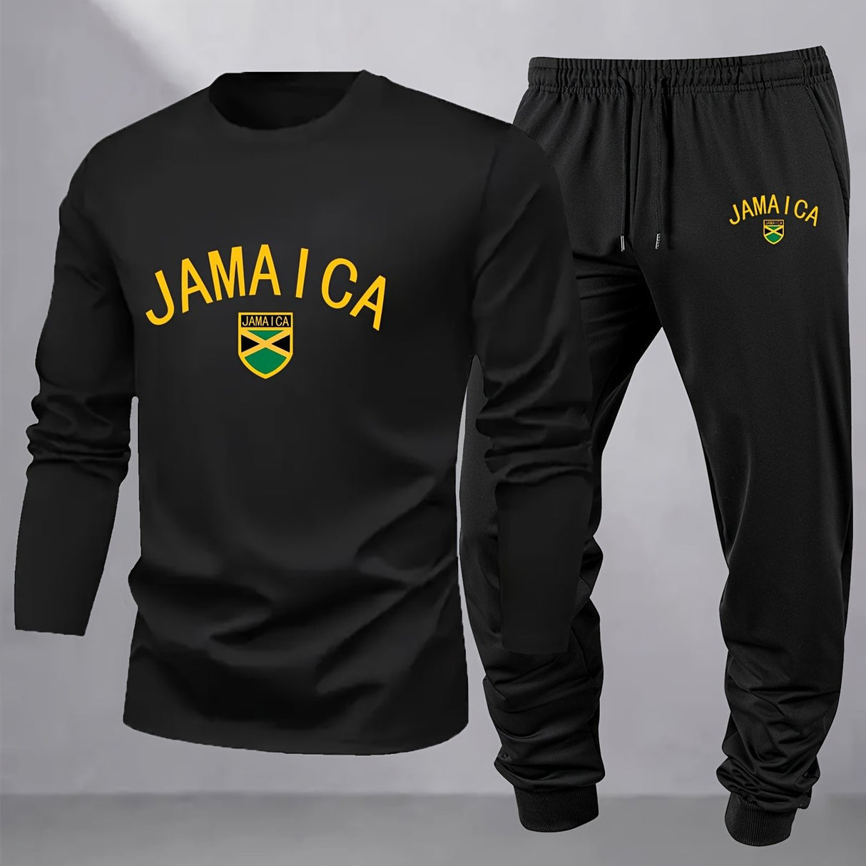 Men's Casual Long-Sleeved Hoodie and Trousers Set with Jamaica Letter Flag Print