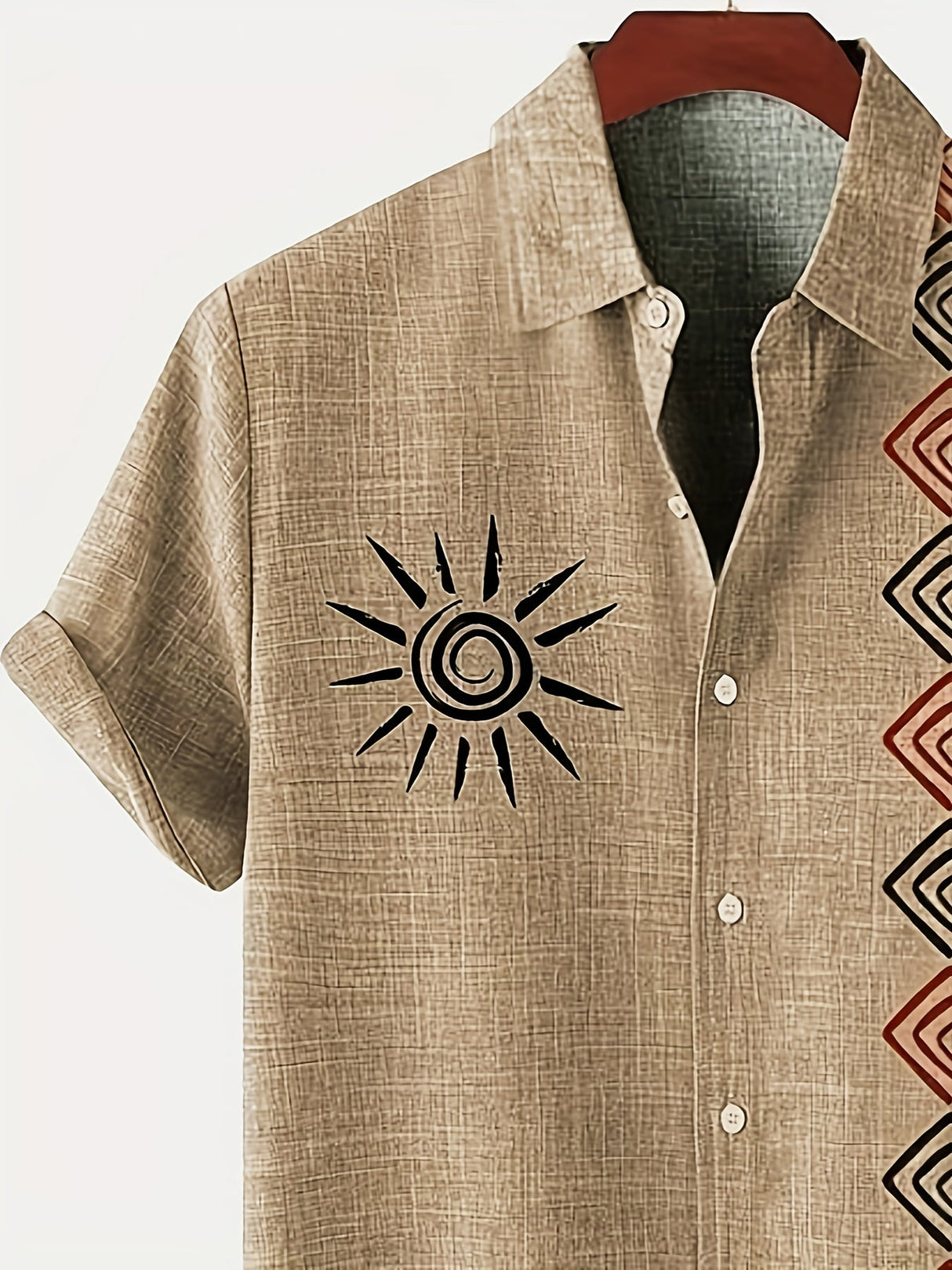 Men's Lightweight Short-Sleeve Linen-Look Shirt with Tribal Geometric Pattern