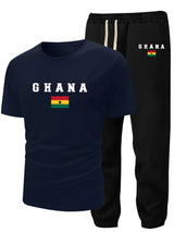 Men's Summer Casual Two-Piece Set, Men's Ghanian Print Short Sleeve T-Shirt with Comfortable Long Pants Fashion Outfit