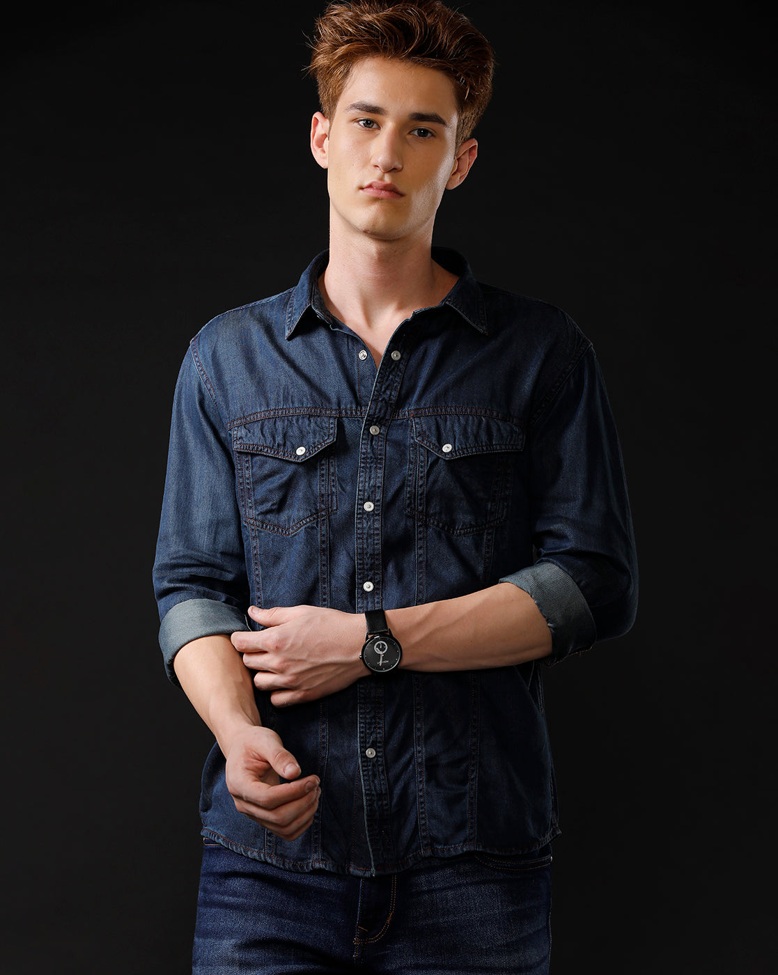 Men's Slim Fit Solid Denim Casual Shirt (APACE)
