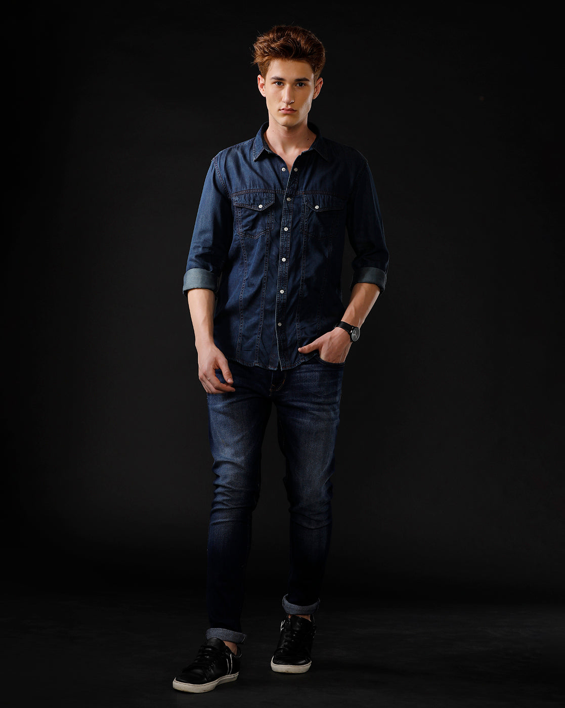 Men's Slim Fit Solid Denim Casual Shirt (APACE)