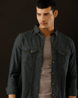 Men's Slim Fit Solid Denim Casual Shirt (AAKOL)