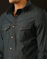 Men's Slim Fit Solid Denim Casual Shirt (AAKOL)