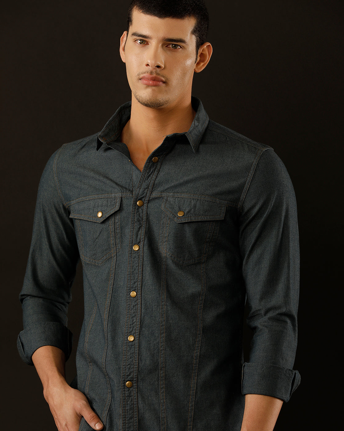 Men's Slim Fit Solid Denim Casual Shirt (AAKOL)