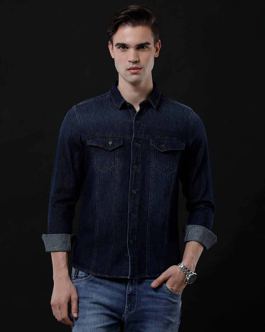 Men's Slim Fit Solid Denim Casual Shirt (AAMAL)