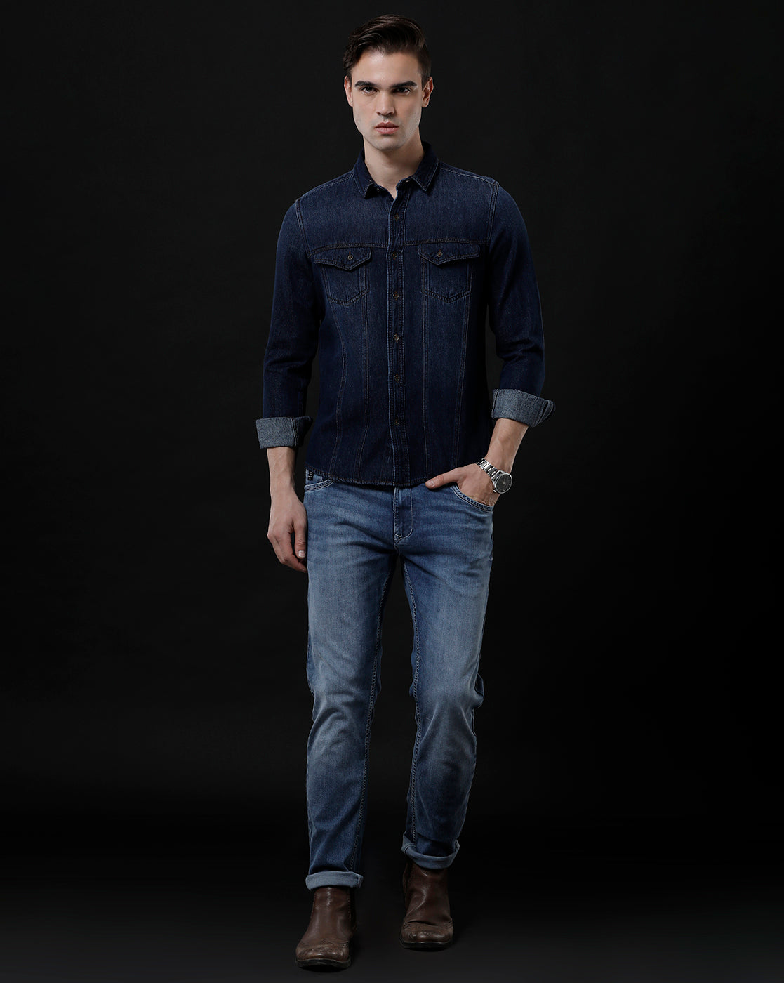 Men's Slim Fit Solid Denim Casual Shirt (AAMAL)