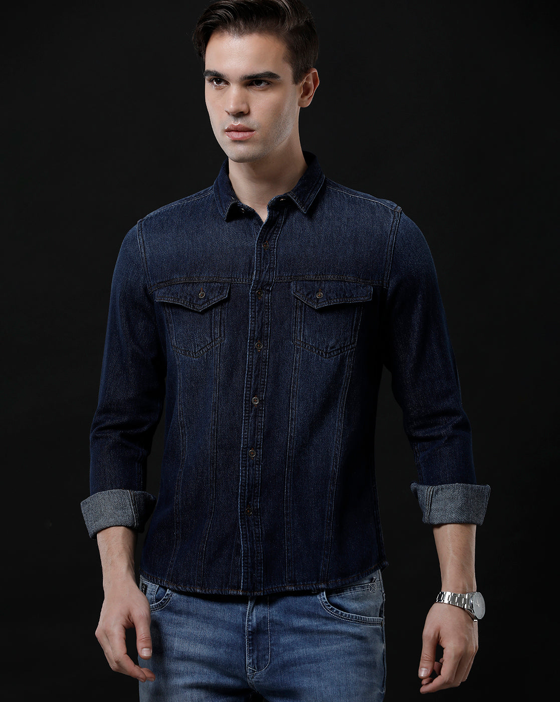 Men's Slim Fit Solid Denim Casual Shirt (AAMAL)