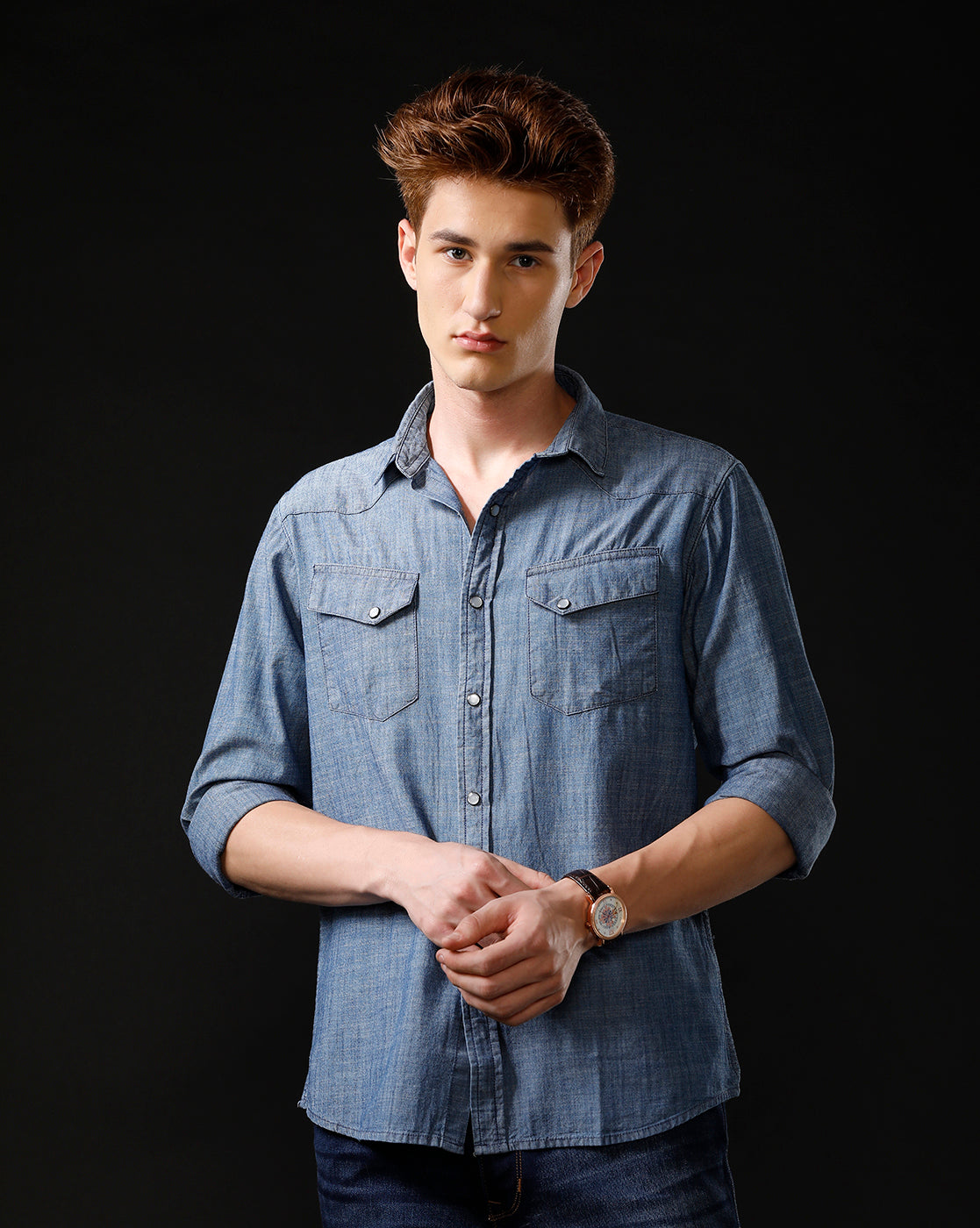 Men's Slim Fit Solid Denim Casual Shirt (ANOUR)
