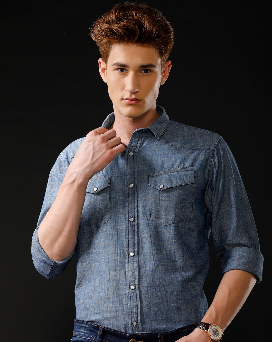 Men's Slim Fit Solid Denim Casual Shirt (ANDES)