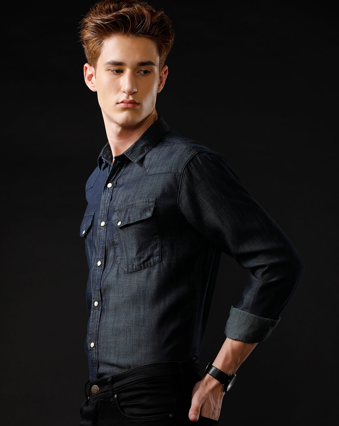 Men's Slim Fit Solid Denim Casual Shirt (ANGLO)