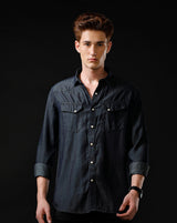 Men's Slim Fit Solid Denim Casual Shirt (ANGLO)