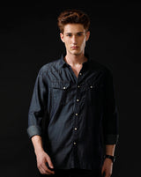Men's Slim Fit Solid Denim Casual Shirt (ANGLO)