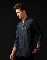 Men's Slim Fit Solid Denim Casual Shirt (ANGLO)