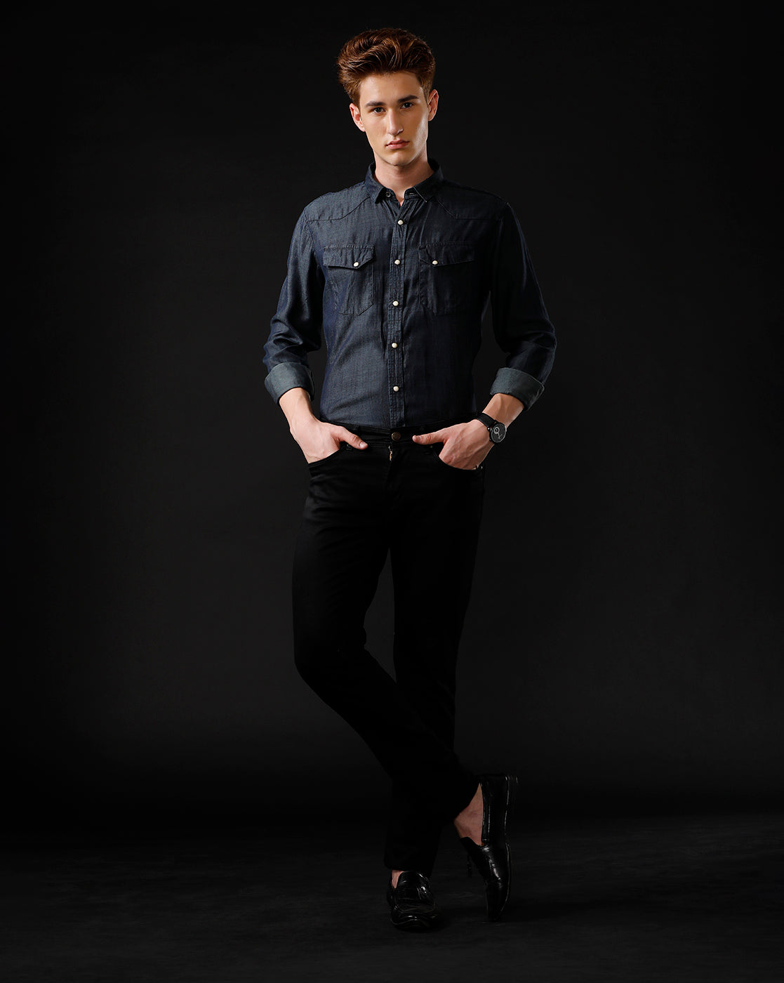 Men's Slim Fit Solid Denim Casual Shirt (ANGLO)