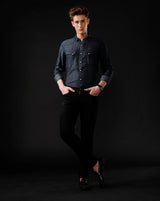 Men's Slim Fit Solid Denim Casual Shirt (ANGLO)