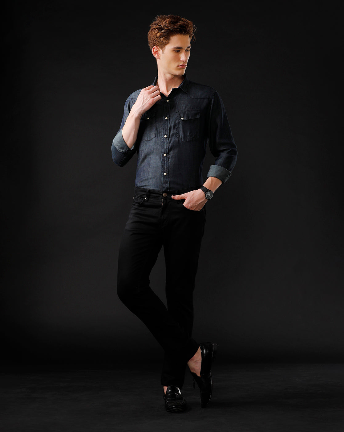 Men's Slim Fit Solid Denim Casual Shirt (ANGLO)