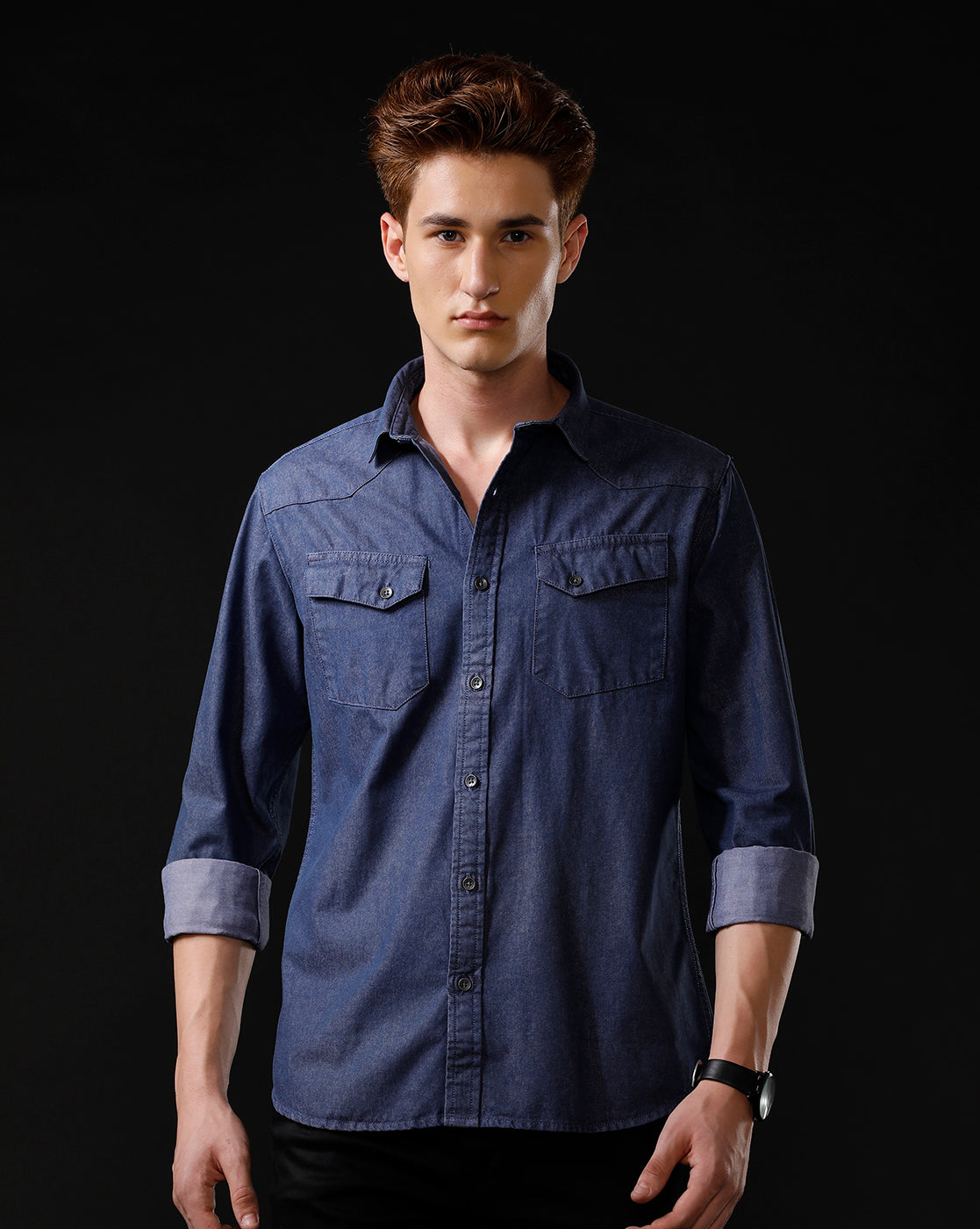 Men's Slim Fit Solid Denim Casual Shirt (ANIME)