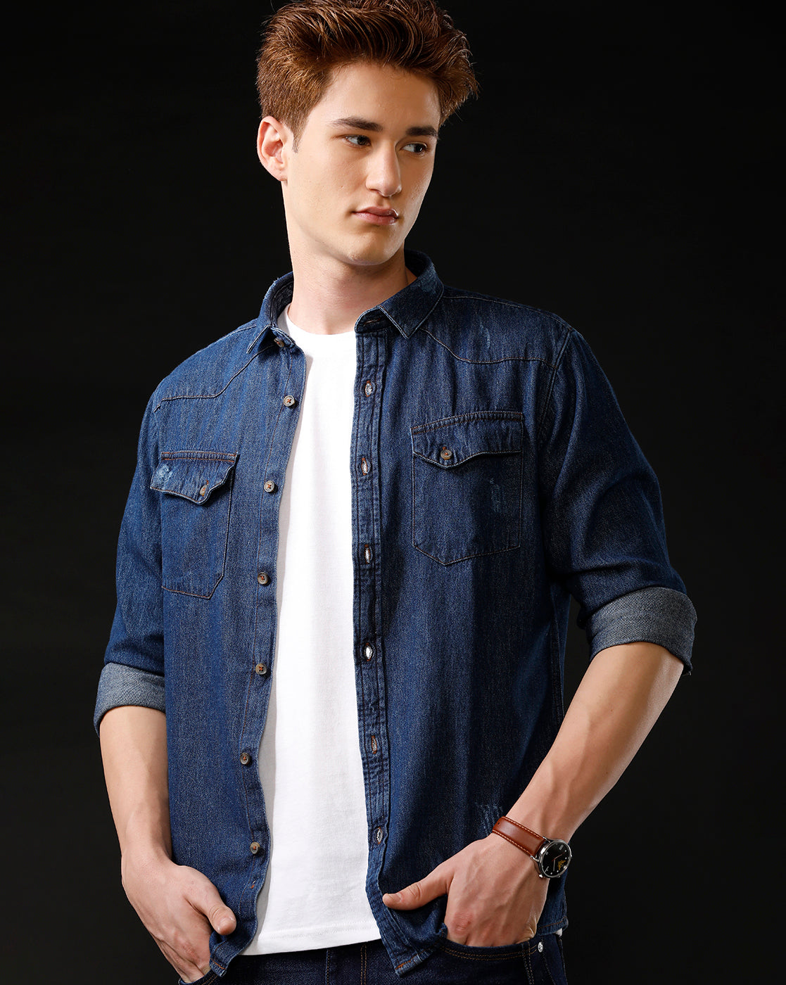 Men's Slim Fit Solid Denim Casual Shirt (ANKUS)