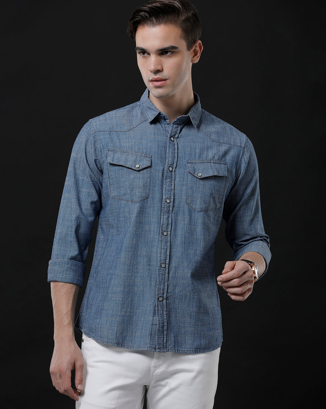 Men's Slim Fit Solid Denim Casual Shirt (ANOUR)