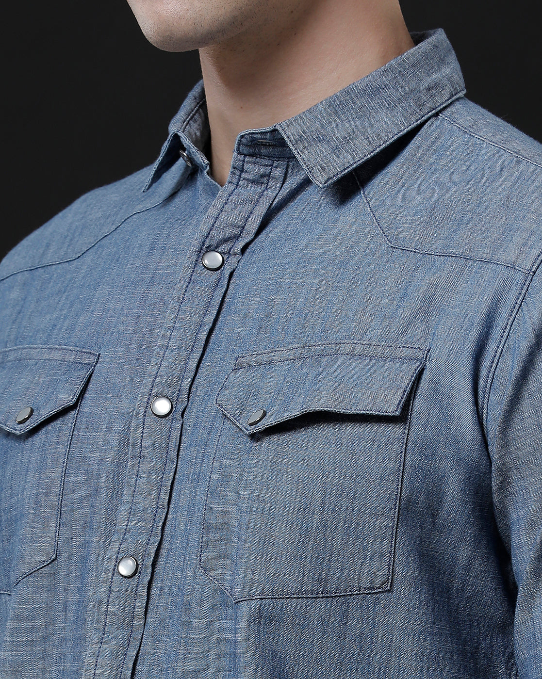 Men's Slim Fit Solid Denim Casual Shirt (ANOUR)